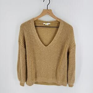 Boden Wool Blend Ribbed V-Neck Chunky Knit Sweater Tan Size 2 Minimalist Neutral